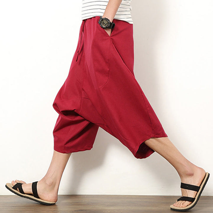 Pantalones de lino y algodón con cordón ajustable para hombre, de longitud 7-8, con pernera ancha y bolsillos, diseño de patchwork simple y liso de Buddha Stones Spring - image 14