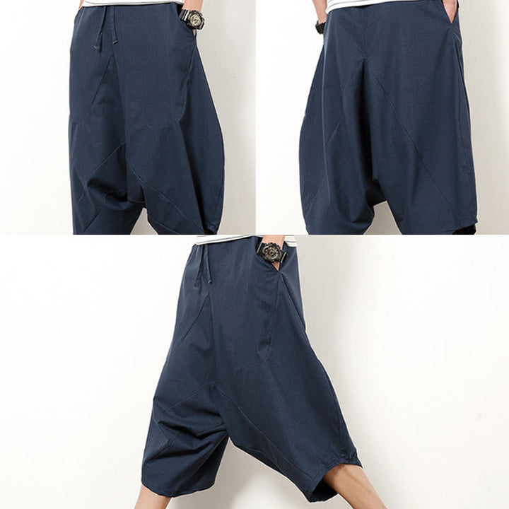 Pantalones de lino y algodón con cordón ajustable para hombre, de longitud 7-8, con pernera ancha y bolsillos, diseño de patchwork simple y liso de Buddha Stones Spring - image 5
