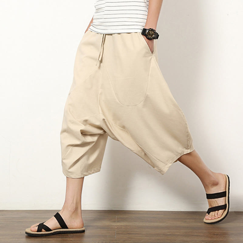 Pantalones de lino y algodón con cordón ajustable para hombre, de longitud 7-8, con pernera ancha y bolsillos, diseño de patchwork simple y liso de Buddha Stones Spring - image 9