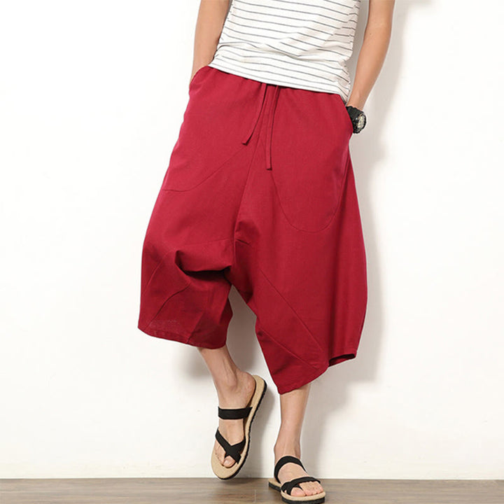 Pantalones de lino y algodón con cordón ajustable para hombre, de longitud 7-8, con pernera ancha y bolsillos, diseño de patchwork simple y liso de Buddha Stones Spring - Carmesí - US/UK/AU46, EU56 (5XL) - image 11