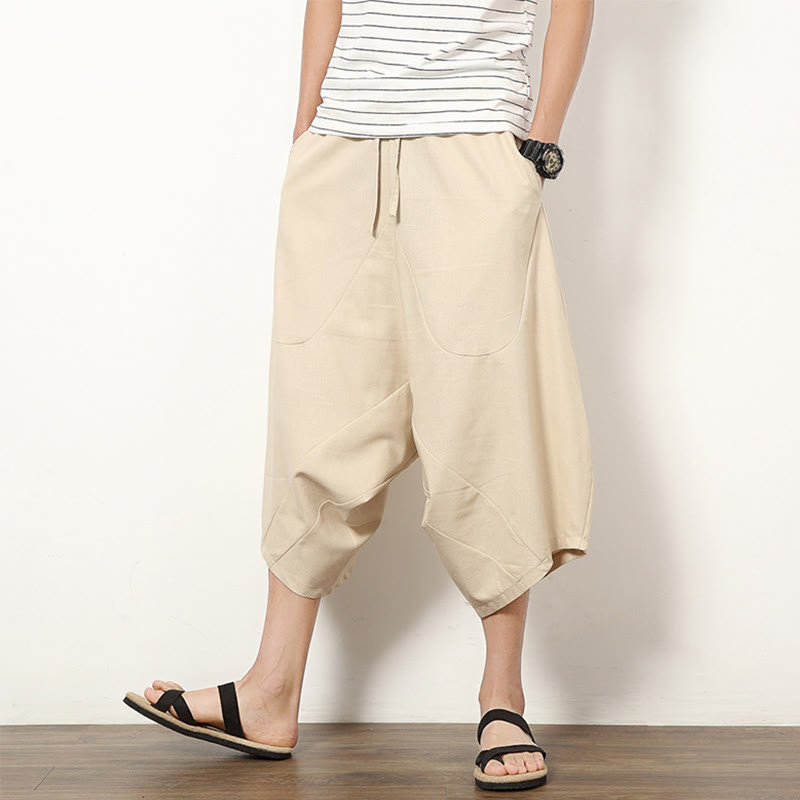 Pantalones de lino y algodón con cordón ajustable para hombre, de longitud 7-8, con pernera ancha y bolsillos, diseño de patchwork simple y liso de Buddha Stones Spring - Beige - US/UK/AU46, EU56 (5XL) - image 6