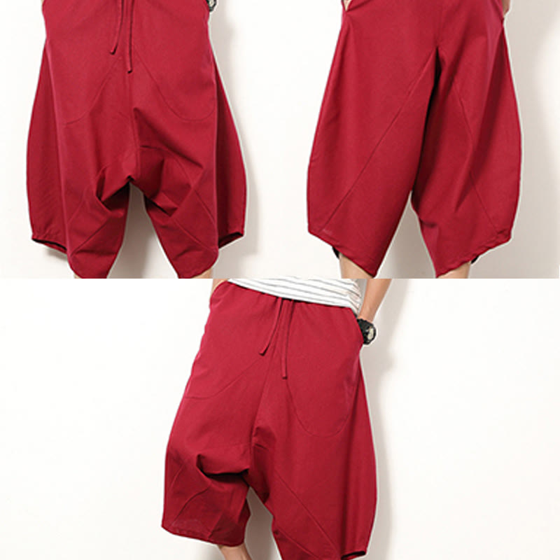 Pantalones de lino y algodón con cordón ajustable para hombre, de longitud 7-8, con pernera ancha y bolsillos, diseño de patchwork simple y liso de Buddha Stones Spring - image 16