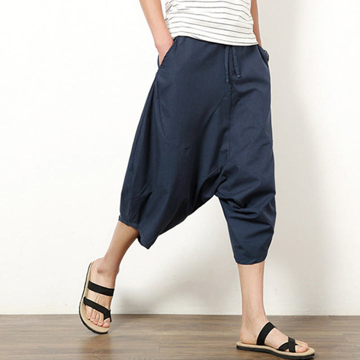 Pantalones de lino y algodón con cordón ajustable para hombre, de longitud 7-8, con pernera ancha y bolsillos, diseño de patchwork simple y liso de Buddha Stones Spring - image 3