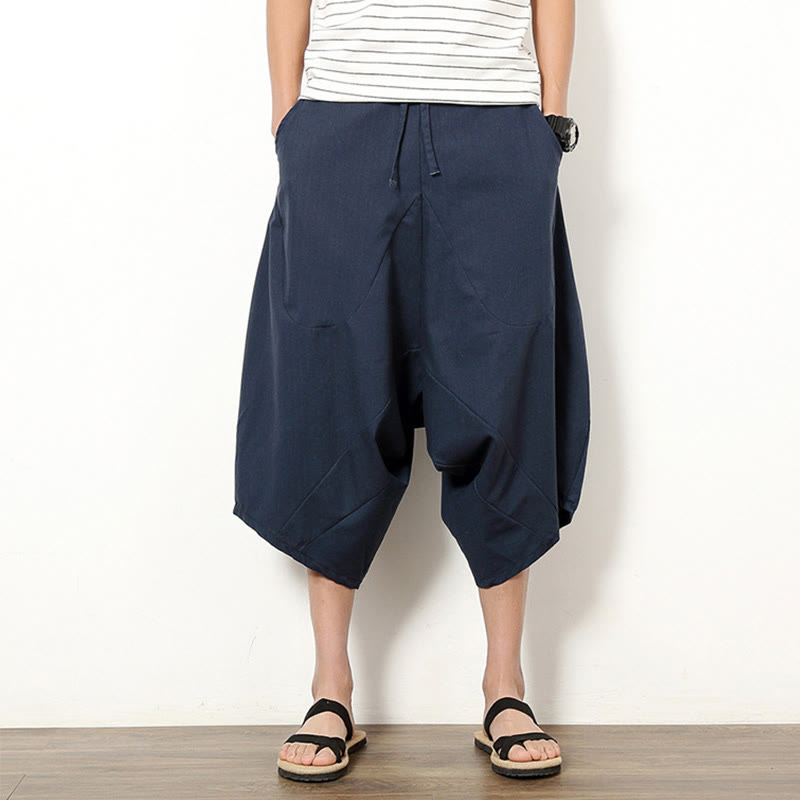 Pantalones de lino y algodón con cordón ajustable para hombre, de longitud 7-8, con pernera ancha y bolsillos, diseño de patchwork simple y liso de Buddha Stones Spring - Azul pizarra oscuro - US/UK/AU46, EU56 (5XL) - image 0