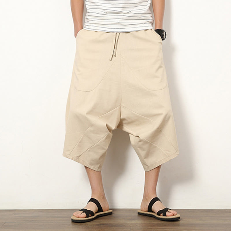 Pantalones de lino y algodón con cordón ajustable para hombre, de longitud 7-8, con pernera ancha y bolsillos, diseño de patchwork simple y liso de Buddha Stones Spring - image 7
