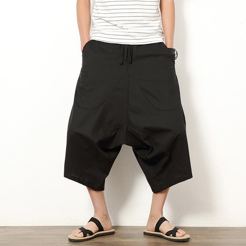 Pantalones de lino y algodón con cordón ajustable para hombre, de longitud 7-8, con pernera ancha y bolsillos, diseño de patchwork simple y liso de Buddha Stones Spring - Negro - US/UK/AU46, EU56 (5XL) - image 17