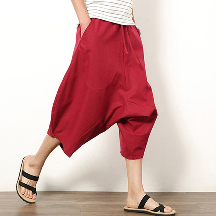 Pantalones de lino y algodón con cordón ajustable para hombre, de longitud 7-8, con pernera ancha y bolsillos, diseño de patchwork simple y liso de Buddha Stones Spring - image 15