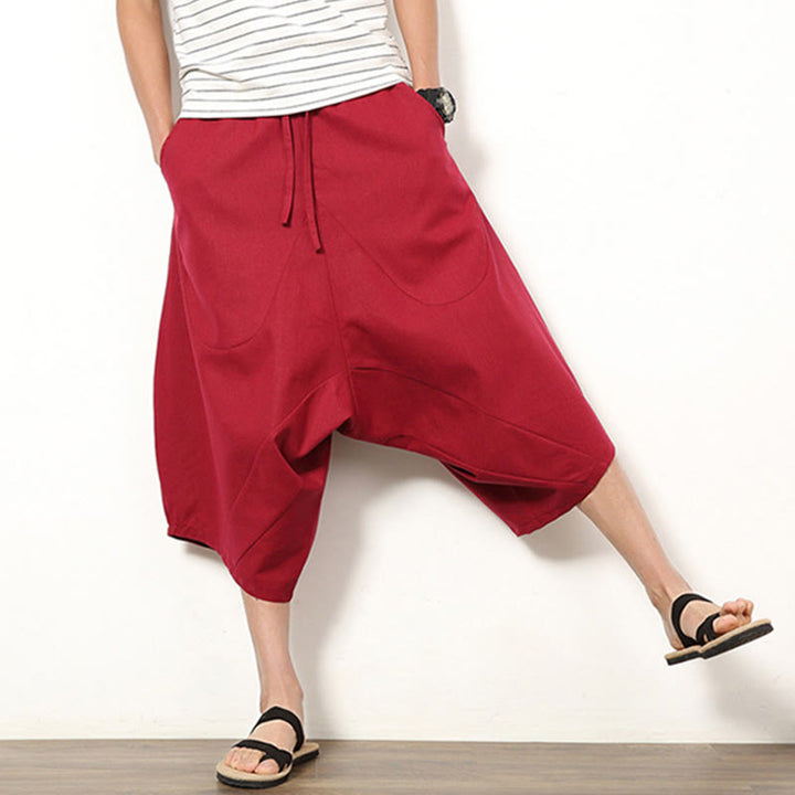 Pantalones de lino y algodón con cordón ajustable para hombre, de longitud 7-8, con pernera ancha y bolsillos, diseño de patchwork simple y liso de Buddha Stones Spring - image 12