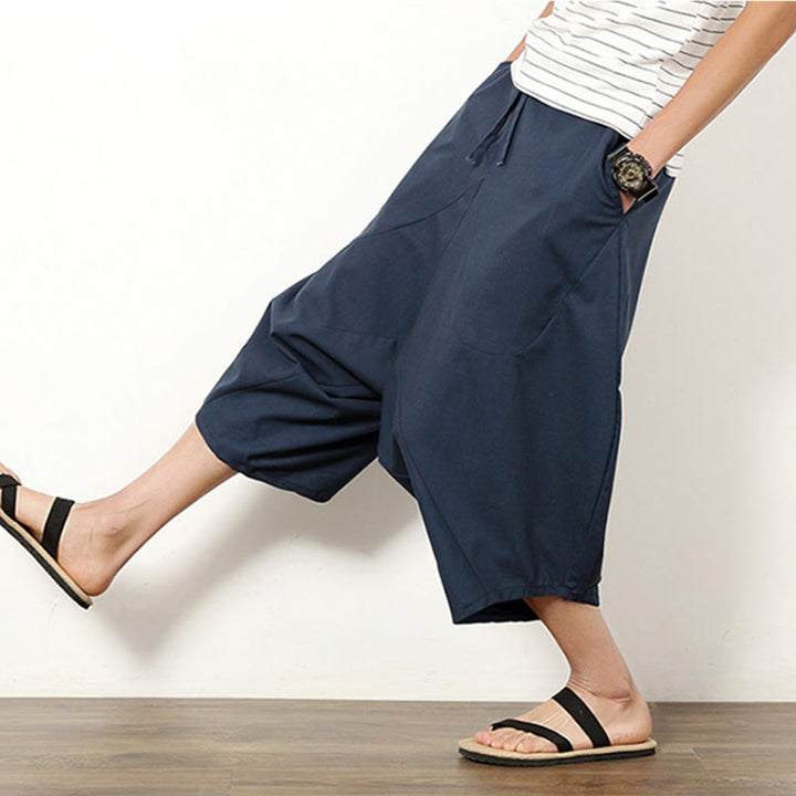 Pantalones de lino y algodón con cordón ajustable para hombre, de longitud 7-8, con pernera ancha y bolsillos, diseño de patchwork simple y liso de Buddha Stones Spring - image 2