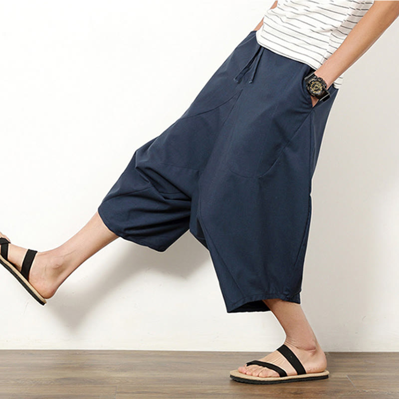 Pantalones de lino y algodón con cordón ajustable para hombre, de longitud 7-8, con pernera ancha y bolsillos, diseño de patchwork simple y liso de Buddha Stones Spring - image 2