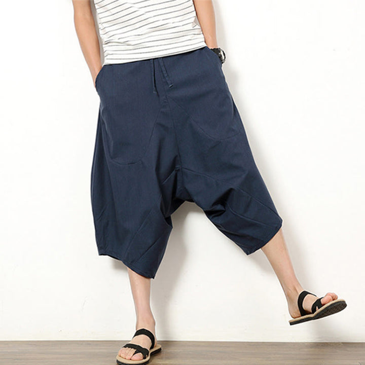 Pantalones de lino y algodón con cordón ajustable para hombre, de longitud 7-8, con pernera ancha y bolsillos, diseño de patchwork simple y liso de Buddha Stones Spring - image 4