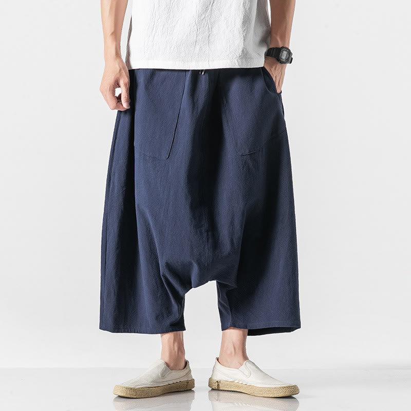 Pantalones anchos de Buddha Stones y algodón con bolsillos y diseño informal de entrepierna baja con cordón ajustable para hombre, talla 7-8 - image 1