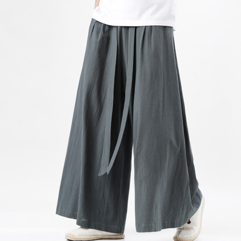 Pantalones deportivos casuales de primavera con cordón ajustable de Buddha Stones y lino para hombre, de pierna ancha y bolsillos.