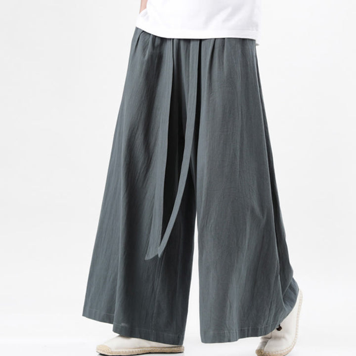 Pantalones deportivos casuales de primavera con cordón ajustable de Buddha Stones y lino para hombre, de pierna ancha y bolsillos.
