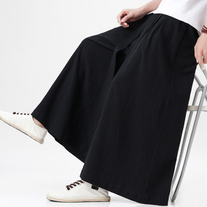 Pantalones deportivos casuales de primavera con cordón ajustable de Buddha Stones y lino para hombre, de pierna ancha y bolsillos.