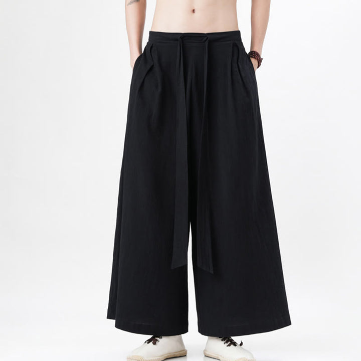 Pantalones deportivos casuales de primavera con cordón ajustable de Buddha Stones y lino para hombre, de pierna ancha y bolsillos.