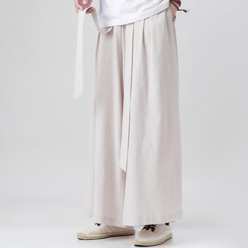 Pantalones deportivos casuales de primavera con cordón ajustable de Buddha Stones y lino para hombre, de pierna ancha y bolsillos.