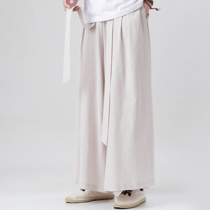 Pantalones deportivos casuales de primavera con cordón ajustable de Buddha Stones y lino para hombre, de pierna ancha y bolsillos.