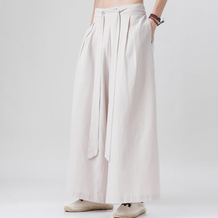 Pantalones deportivos casuales de primavera con cordón ajustable de Buddha Stones y lino para hombre, de pierna ancha y bolsillos.