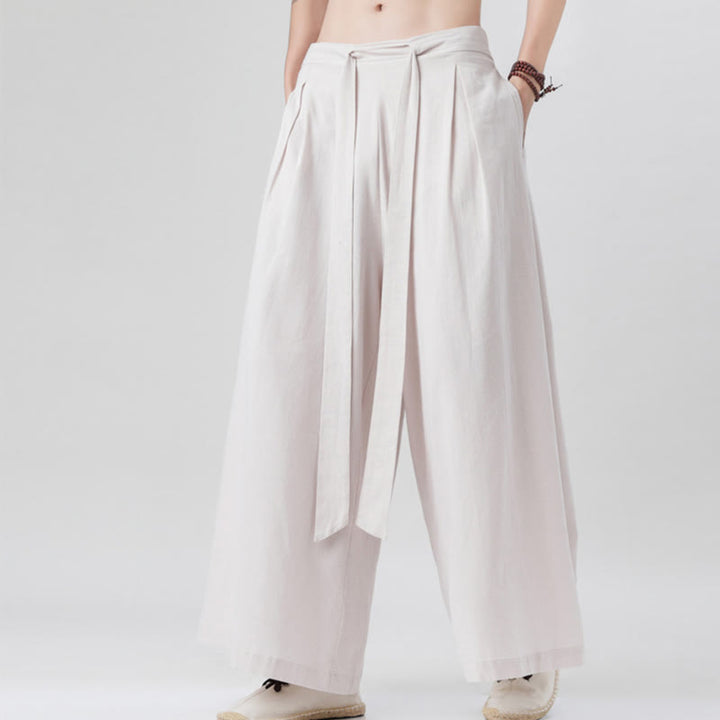 Pantalones deportivos casuales de primavera con cordón ajustable de Buddha Stones y lino para hombre, de pierna ancha y bolsillos.