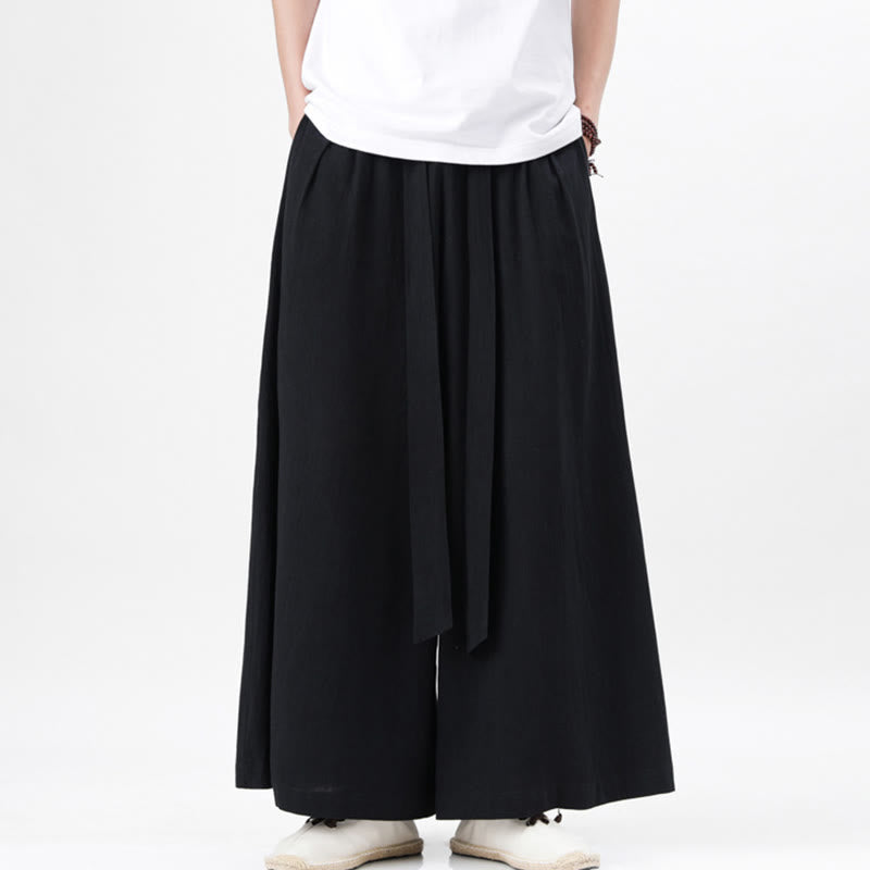 Pantalones deportivos casuales de primavera con cordón ajustable de Buddha Stones y lino para hombre, de pierna ancha y bolsillos.