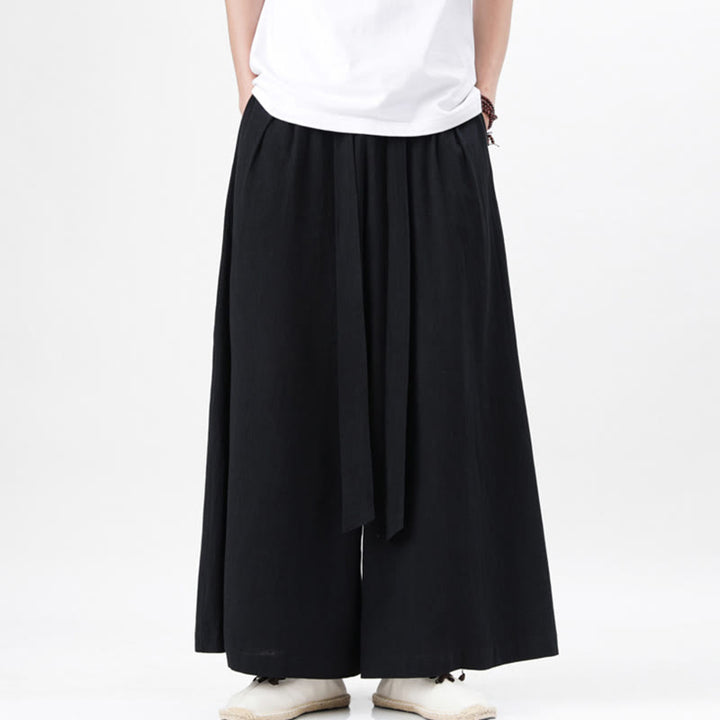 Pantalones deportivos casuales de primavera con cordón ajustable de Buddha Stones y lino para hombre, de pierna ancha y bolsillos.