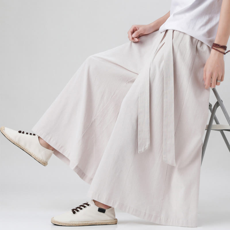 Pantalones deportivos casuales de primavera con cordón ajustable de Buddha Stones y lino para hombre, de pierna ancha y bolsillos.