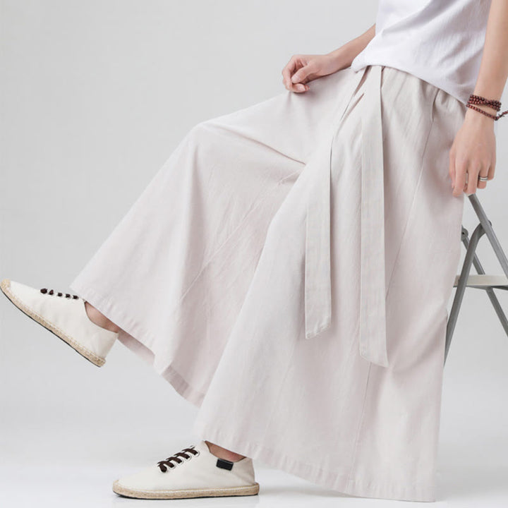 Pantalones deportivos casuales de primavera con cordón ajustable de Buddha Stones y lino para hombre, de pierna ancha y bolsillos.