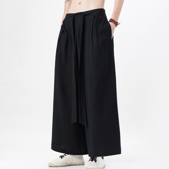 Pantalones deportivos casuales de primavera con cordón ajustable de Buddha Stones y lino para hombre, de pierna ancha y bolsillos.
