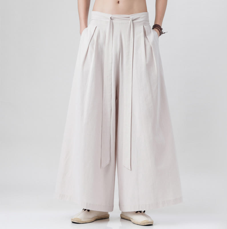Pantalones deportivos casuales de primavera con cordón ajustable de Buddha Stones y lino para hombre, de pierna ancha y bolsillos.