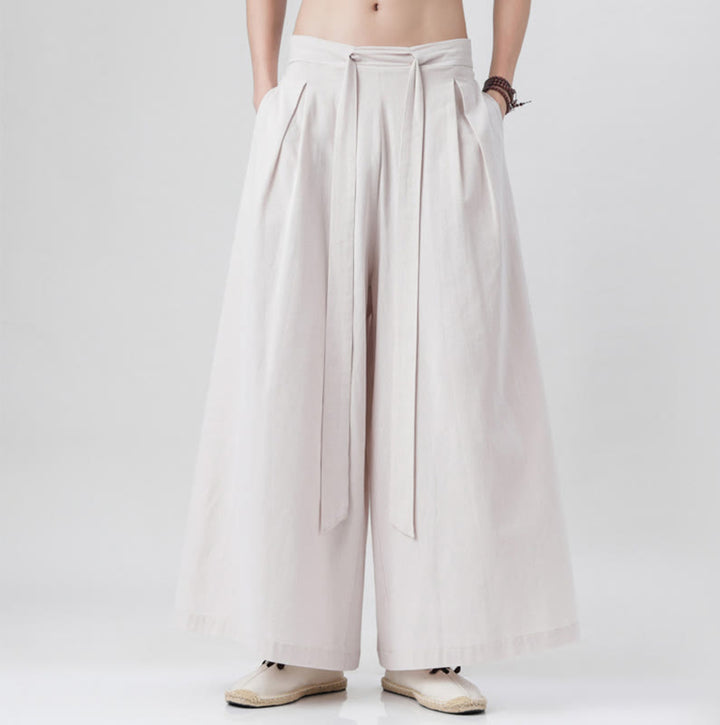Pantalones deportivos casuales de primavera con cordón ajustable de Buddha Stones y lino para hombre, de pierna ancha y bolsillos.