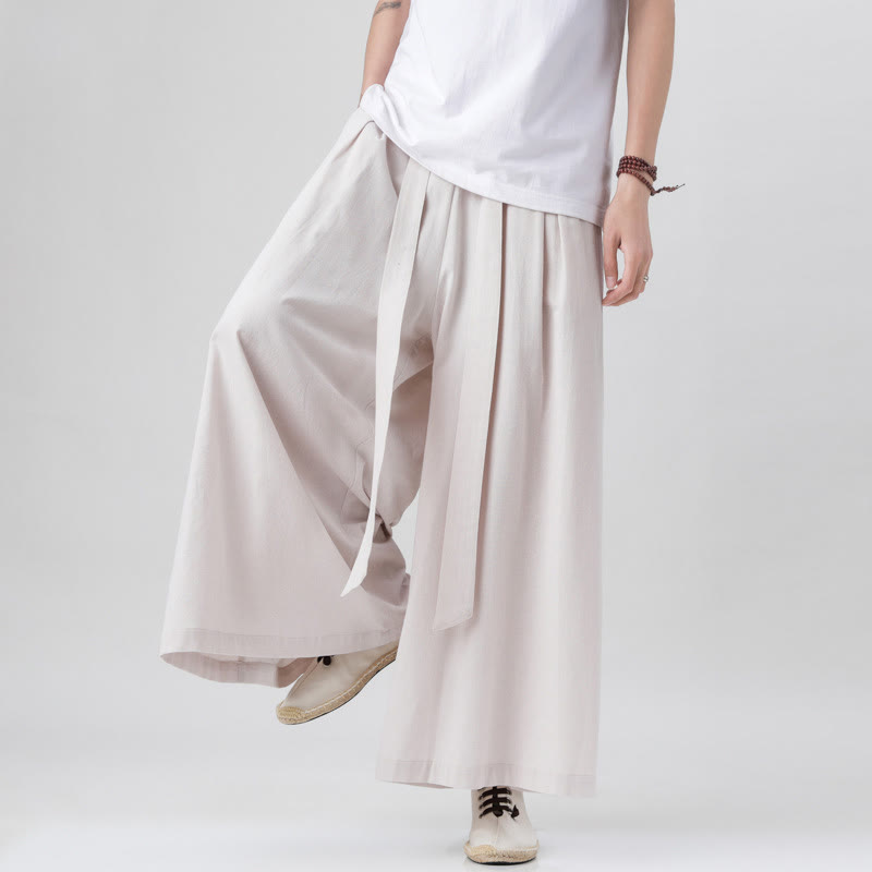 Pantalones deportivos casuales de primavera con cordón ajustable de Buddha Stones y lino para hombre, de pierna ancha y bolsillos.