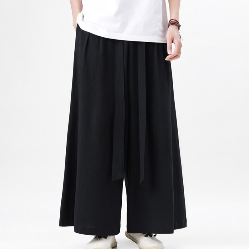 Pantalones deportivos casuales de primavera con cordón ajustable de Buddha Stones y lino para hombre, de pierna ancha y bolsillos.