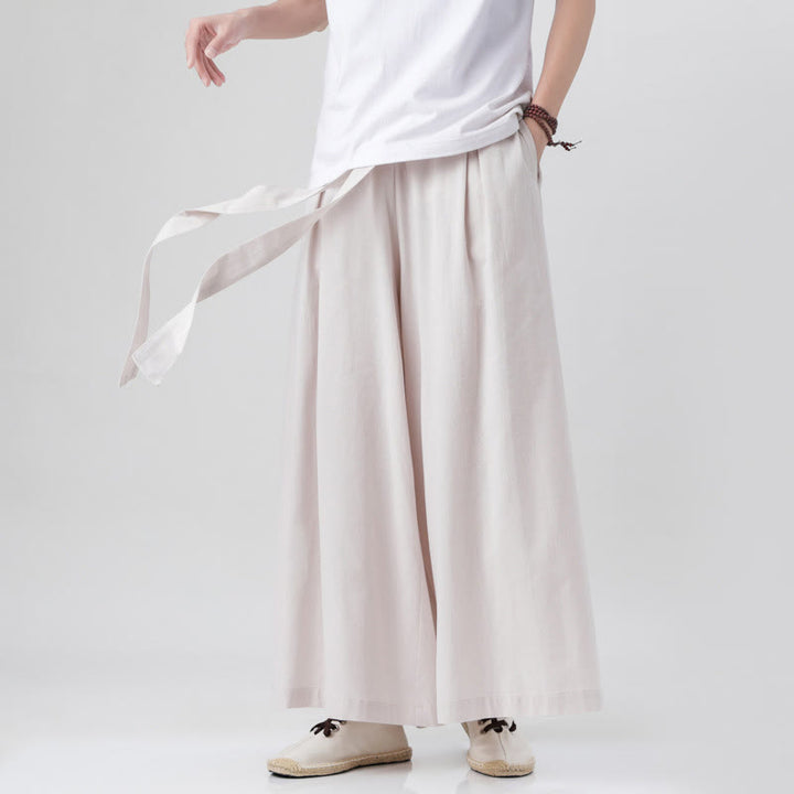 Pantalones deportivos casuales de primavera con cordón ajustable de Buddha Stones y lino para hombre, de pierna ancha y bolsillos.