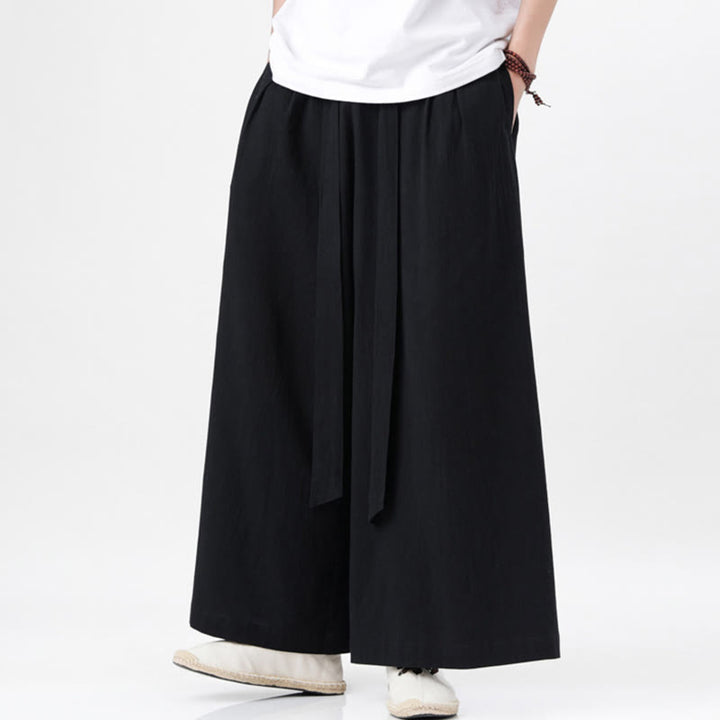 Pantalones deportivos casuales de primavera con cordón ajustable de Buddha Stones y lino para hombre, de pierna ancha y bolsillos.