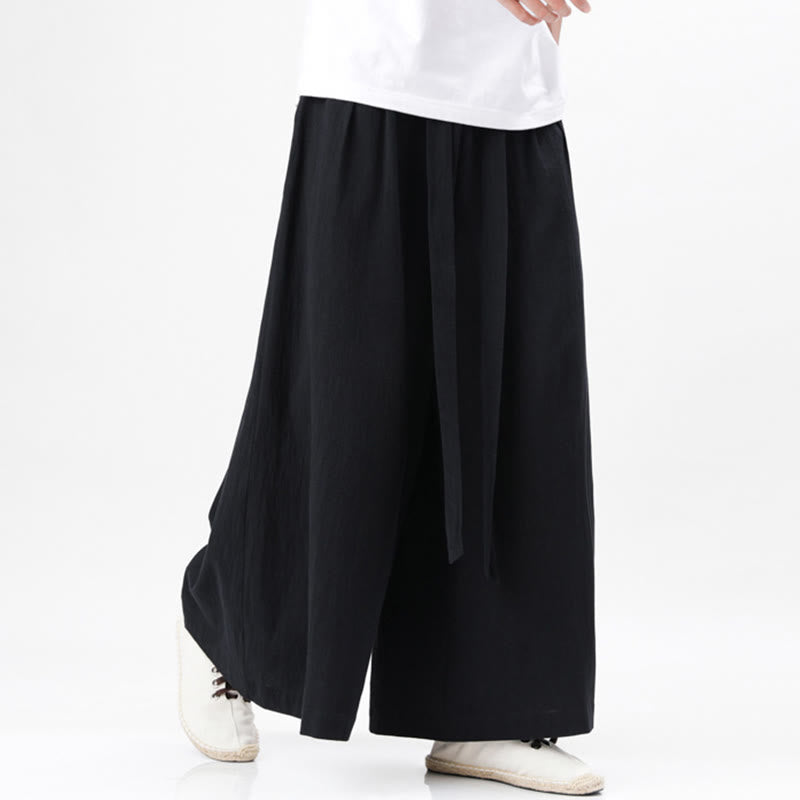 Pantalones deportivos casuales de primavera con cordón ajustable de Buddha Stones y lino para hombre, de pierna ancha y bolsillos.