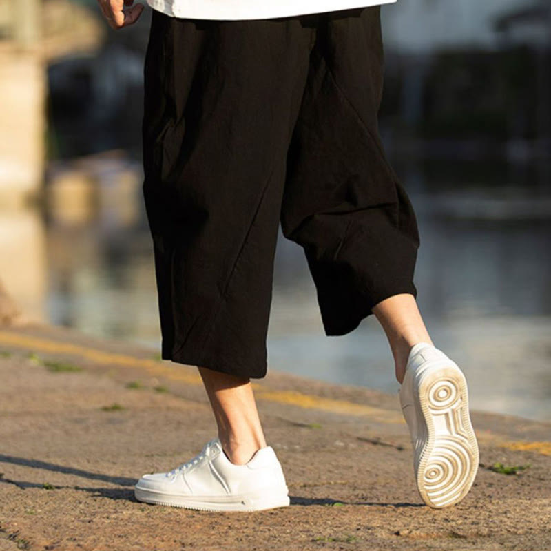 Pantalones de lino y algodón con diseño plisado de Buddha Stones para hombre, de verano, con cordón ajustable, de largo 7-8 y bolsillos - image 7