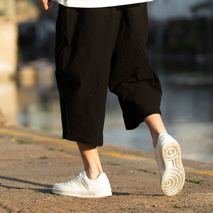 Pantalones de lino y algodón con diseño plisado de Buddha Stones para hombre, de verano, con cordón ajustable, de largo 7-8 y bolsillos - image 7