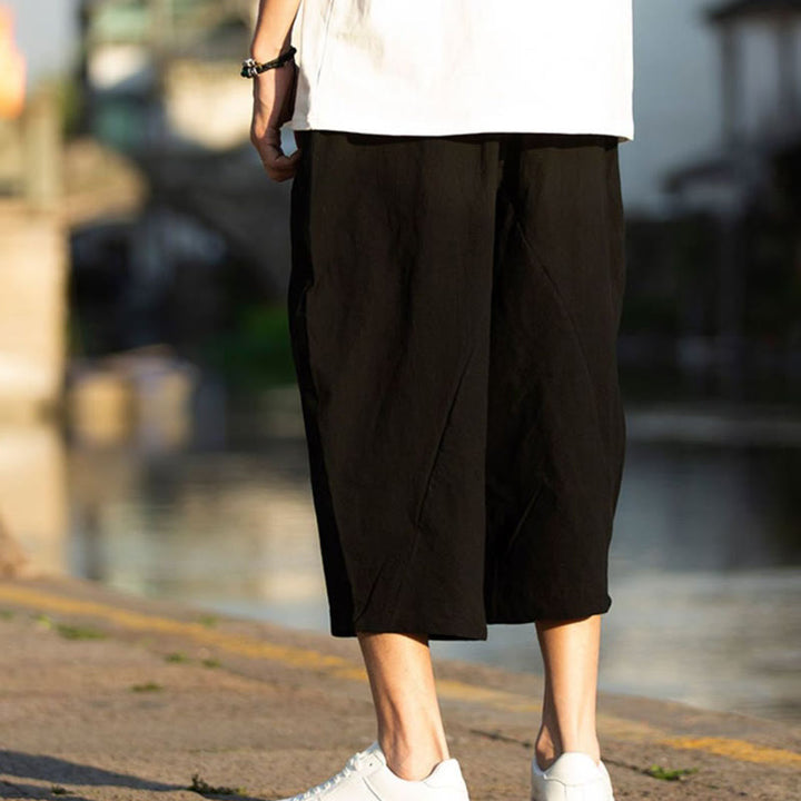 Pantalones de lino y algodón con diseño plisado de Buddha Stones para hombre, de verano, con cordón ajustable, de largo 7-8 y bolsillos - image 9