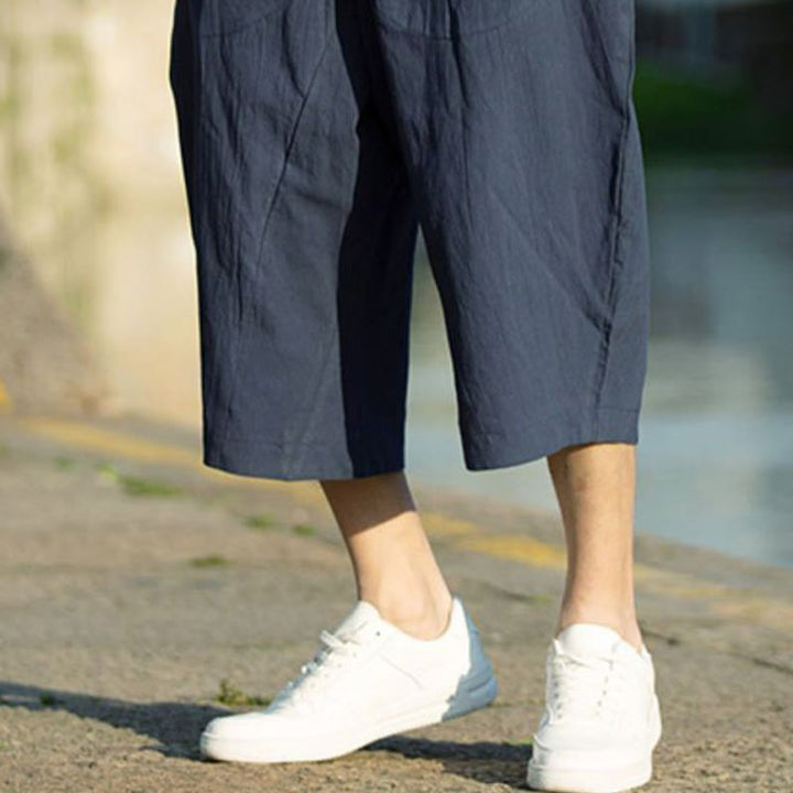 Pantalones de lino y algodón con diseño plisado de Buddha Stones para hombre, de verano, con cordón ajustable, de largo 7-8 y bolsillos - image 18