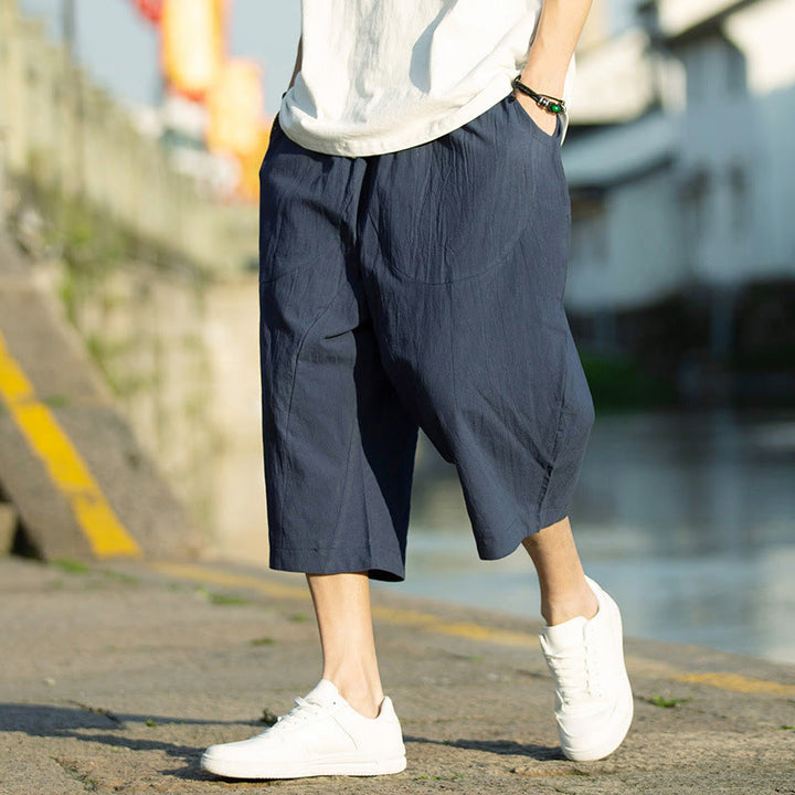 Pantalones de lino y algodón con diseño plisado de Buddha Stones para hombre, de verano, con cordón ajustable, de largo 7-8 y bolsillos - Azul pizarra oscuro - US/UK/AU46, EU56 (5XL) - image 11