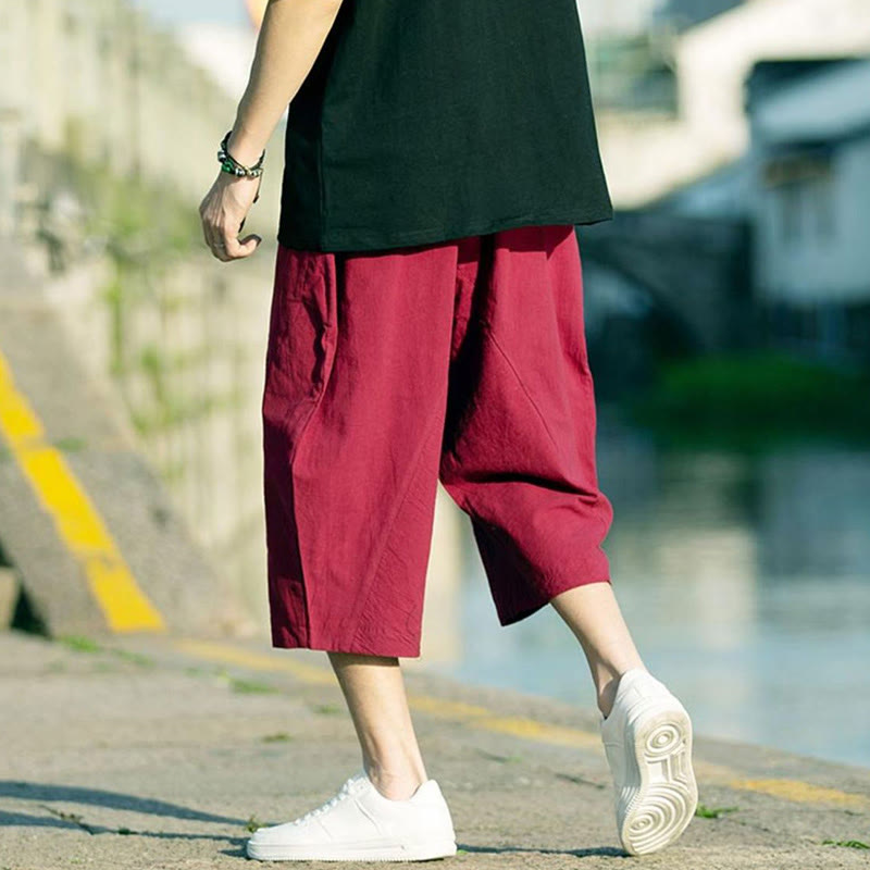 Pantalones de lino y algodón con diseño plisado de Buddha Stones para hombre, de verano, con cordón ajustable, de largo 7-8 y bolsillos - image 20