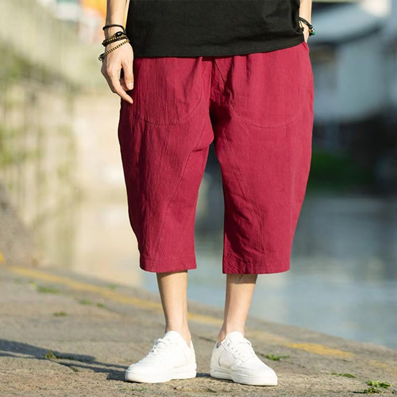 Pantalones de lino y algodón con diseño plisado de Buddha Stones para hombre, de verano, con cordón ajustable, de largo 7-8 y bolsillos - image 23