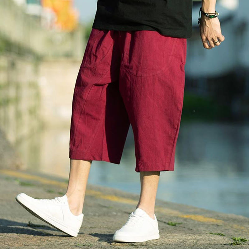 Pantalones de lino y algodón con diseño plisado de Buddha Stones para hombre, de verano, con cordón ajustable, de largo 7-8 y bolsillos - image 22