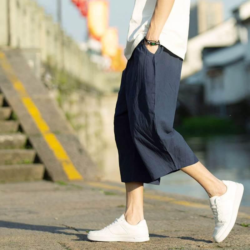 Pantalones de lino y algodón con diseño plisado de Buddha Stones para hombre, de verano, con cordón ajustable, de largo 7-8 y bolsillos - image 15