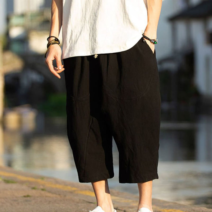 Pantalones de lino y algodón con diseño plisado de Buddha Stones para hombre, de verano, con cordón ajustable, de largo 7-8 y bolsillos - image 8