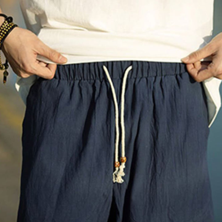 Pantalones de lino y algodón con diseño plisado de Buddha Stones para hombre, de verano, con cordón ajustable, de largo 7-8 y bolsillos - image 16
