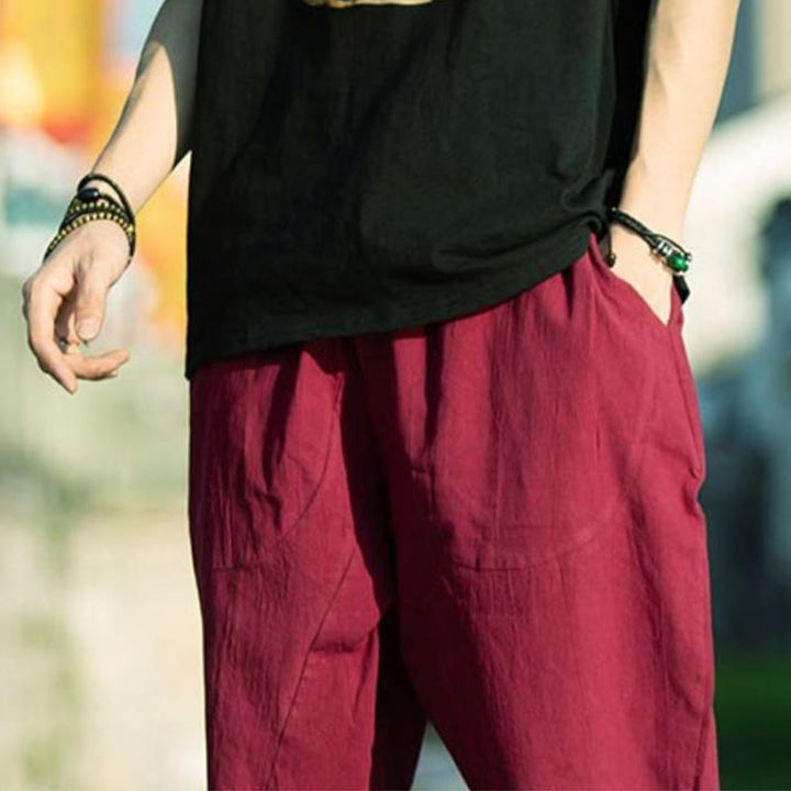 Pantalones de lino y algodón con diseño plisado de Buddha Stones para hombre, de verano, con cordón ajustable, de largo 7-8 y bolsillos - image 24