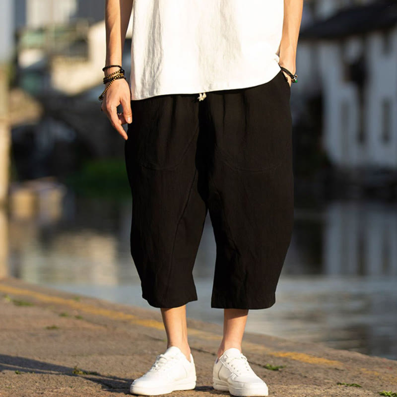 Pantalones de lino y algodón con diseño plisado de Buddha Stones para hombre, de verano, con cordón ajustable, de largo 7-8 y bolsillos - image 5