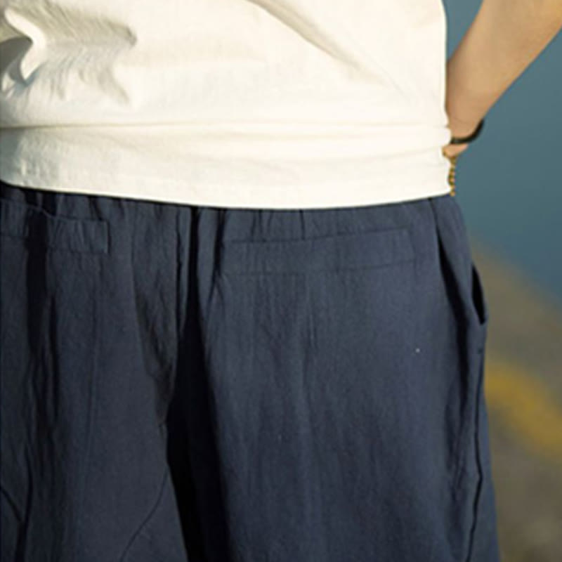 Pantalones de lino y algodón con diseño plisado de Buddha Stones para hombre, de verano, con cordón ajustable, de largo 7-8 y bolsillos - image 17